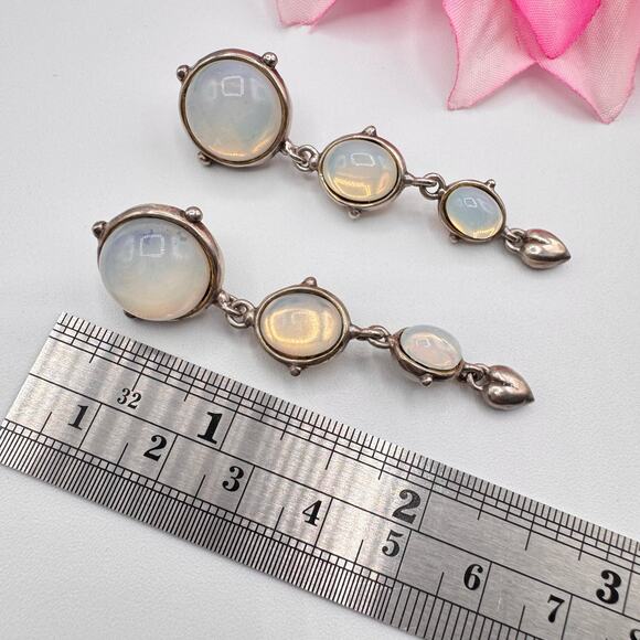 Vintage “STER” Sterling Silver Opalite Glass Cabochon Earrings Signed Tested - Picture 9 of 11